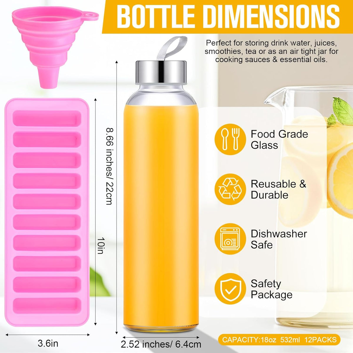 Honeydak 12 Pcs 18 oz Glass Water Bottles Glass Juice Bottles with Protection Sleeves, Stainless Steel and Bamboo Lids Reusable Glasses Funnel, Ice Mold, Brush for Milk Smoothie Beverage Tea
