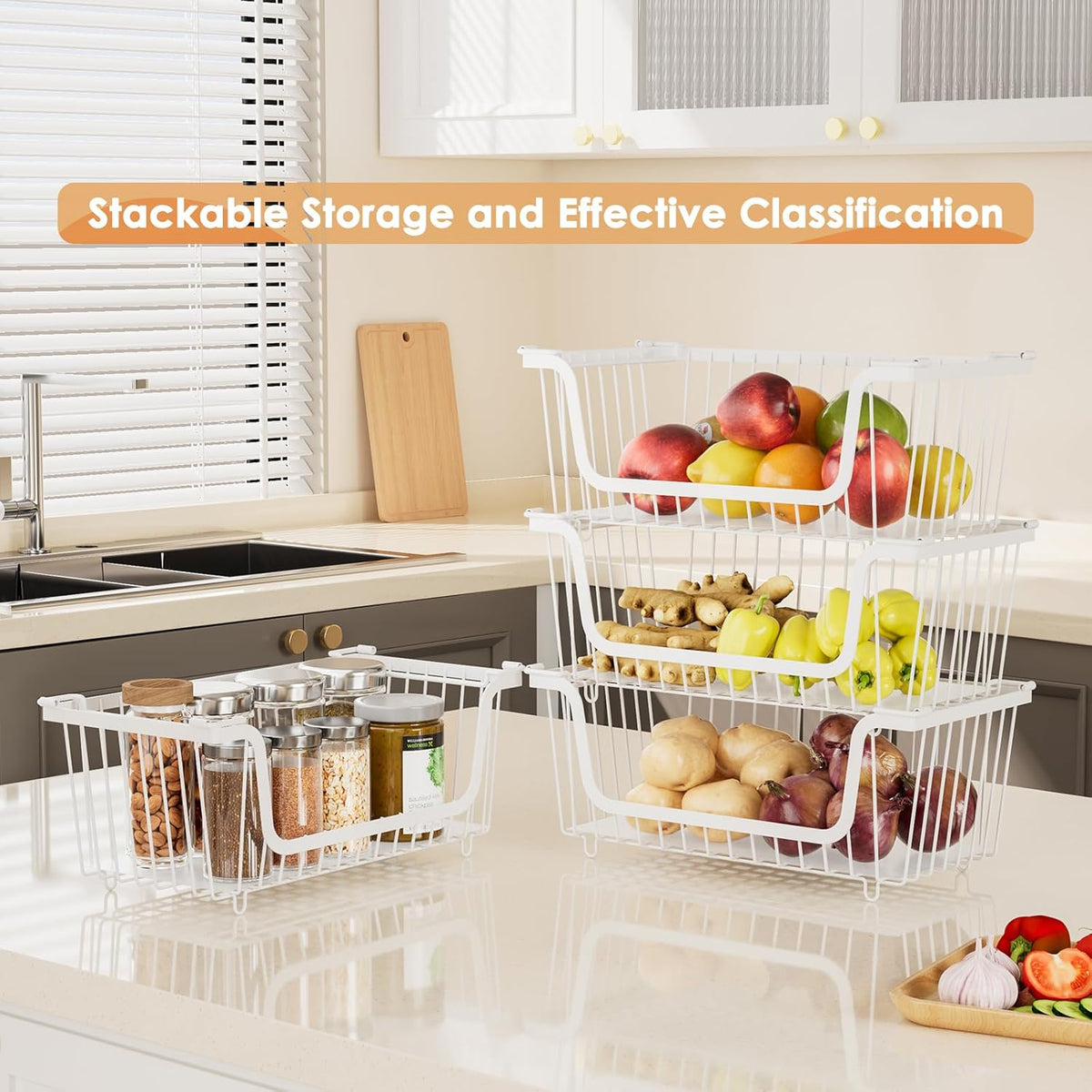 4 Pack Stackable Wire Baskets with Handles for Pantry Organizers and Storage, Fruit and Vegetable wire storage baskets, Potato and Onion Storage Bin, Metal Baskets for Organizing Snacks, Cans (White)