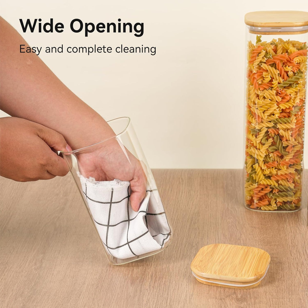 82 Oz Glass Storage Containers with Bamboo Lids, Square Glass Canister Sets Clear Glass Pantry Storage Containers with Lids for Cookie Flour Oat Pasta Tea Coffee Bean, Set of 3