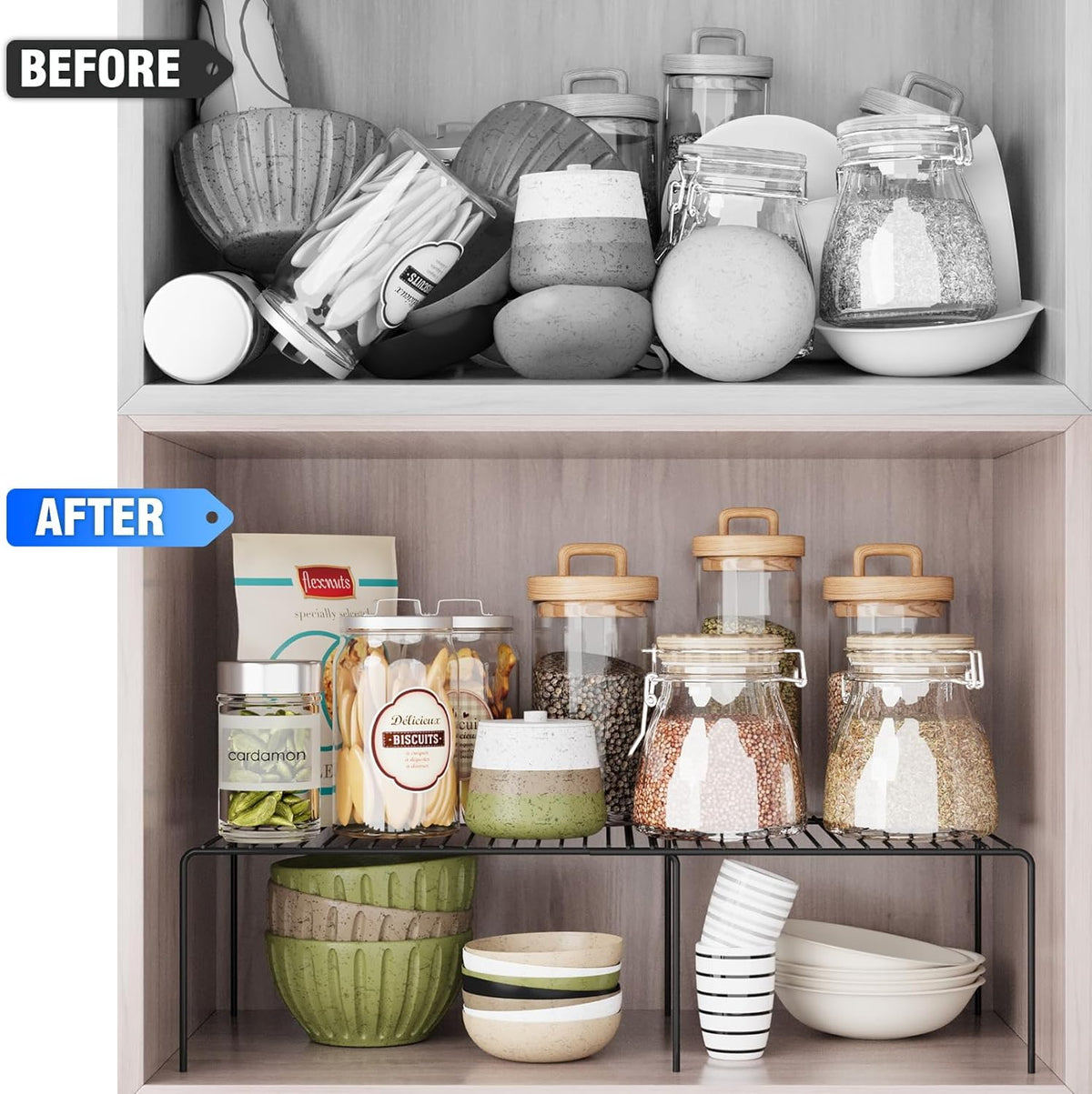 Expandable Storage Shelf, Pantry Organizers and Storage, Adjustable Rustproof Metal Wire Spice Rack, Space Saver Kitchen Storage Shelves for Pan, Pot, Countertop, Drawer, Fridge, Set of 6, Black