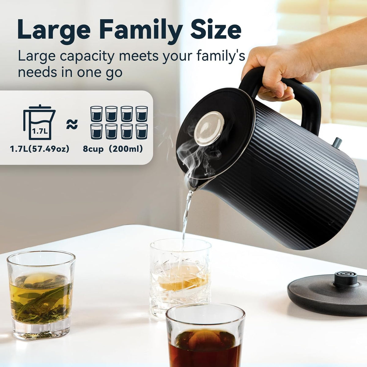 Nueve&Five 1.7L (57oz) Large Electric Kettle Perfect for 7+Cups of Tea and Coffee,2 quarts Double Wall Big Electric Tea Kettle,Auto Shut Off,1200W Hot Water Kettle Electric-Black
