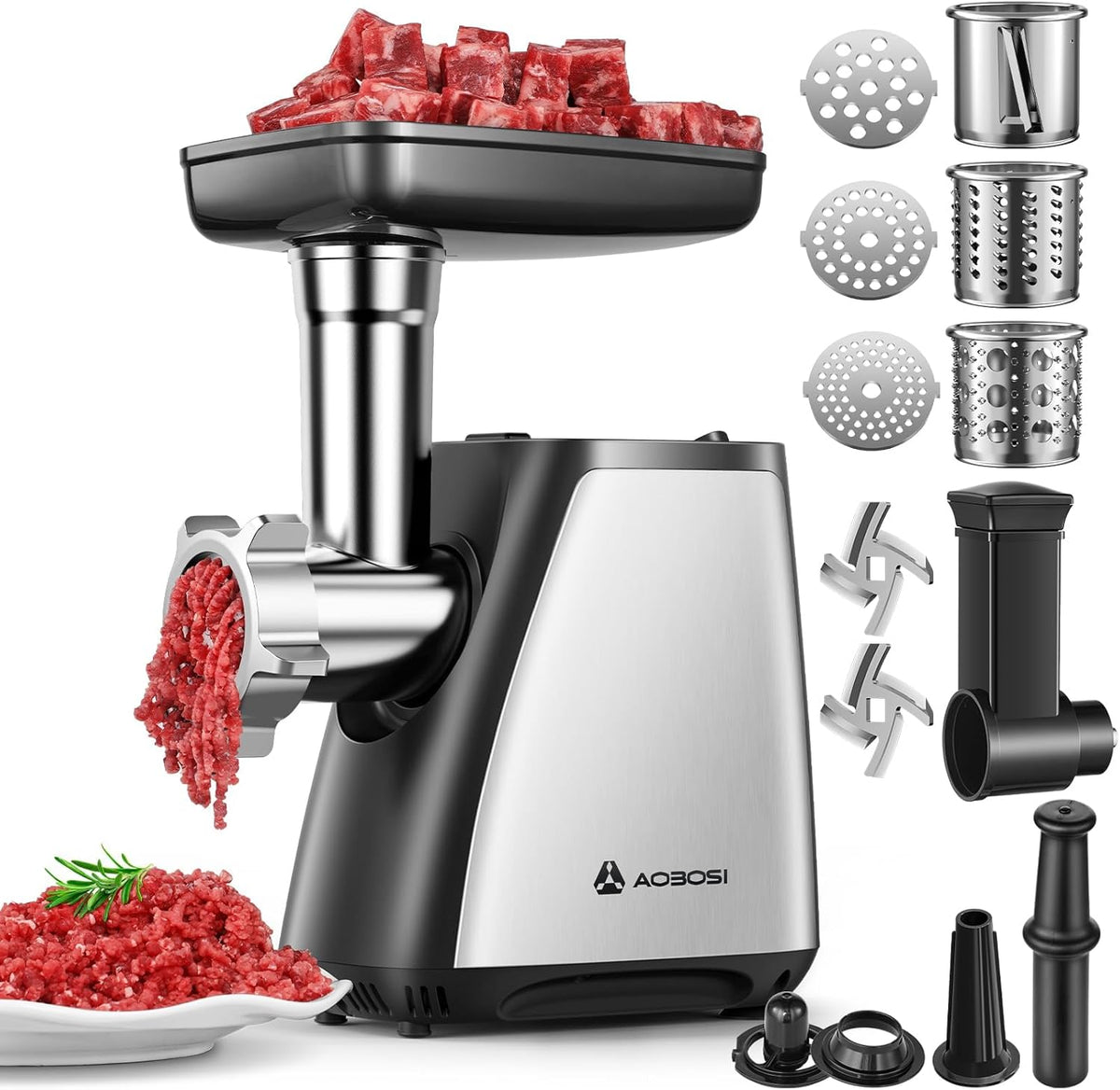AAOBOSI Meat Grinder, 4-In-1 Meat Grinder Electric [2800W Max] with 3 Slice, Shred Blades,2 Blades,3 Plates,Sausage Stuffer,Kubbe Kit, for Home Kitchen Use, Stainless Steel