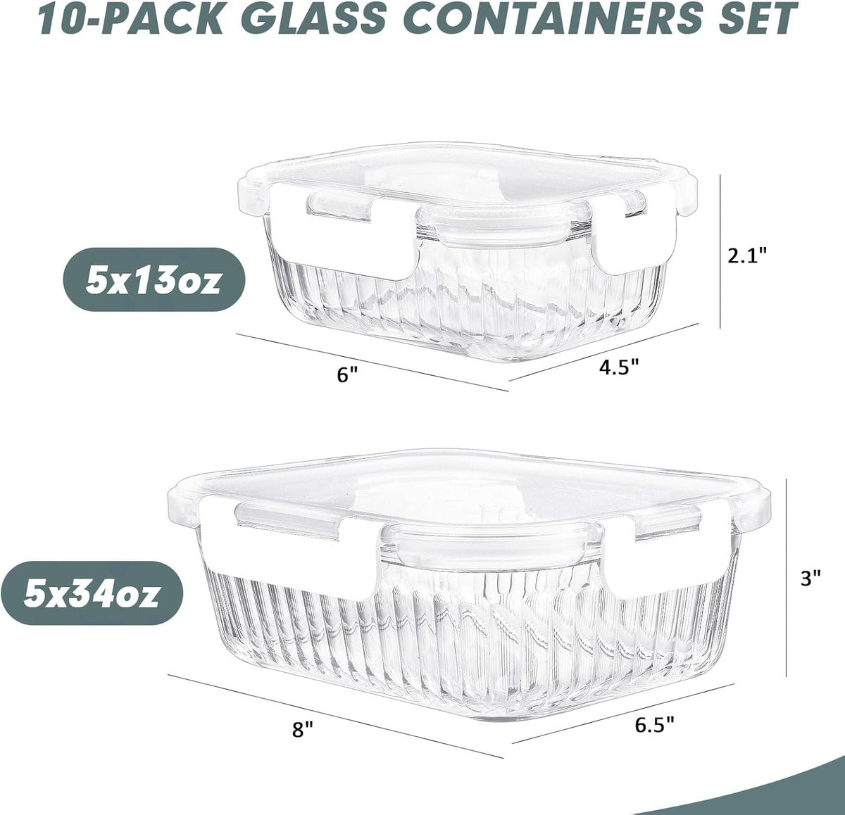 KOMUEE 10 Packs Glass Food Storage Containers Set, Glass Meal Prep Containers with Lids, Airtight Lunch Containers, Microwave, Oven, Freezer and Dishwasher Safe, White
