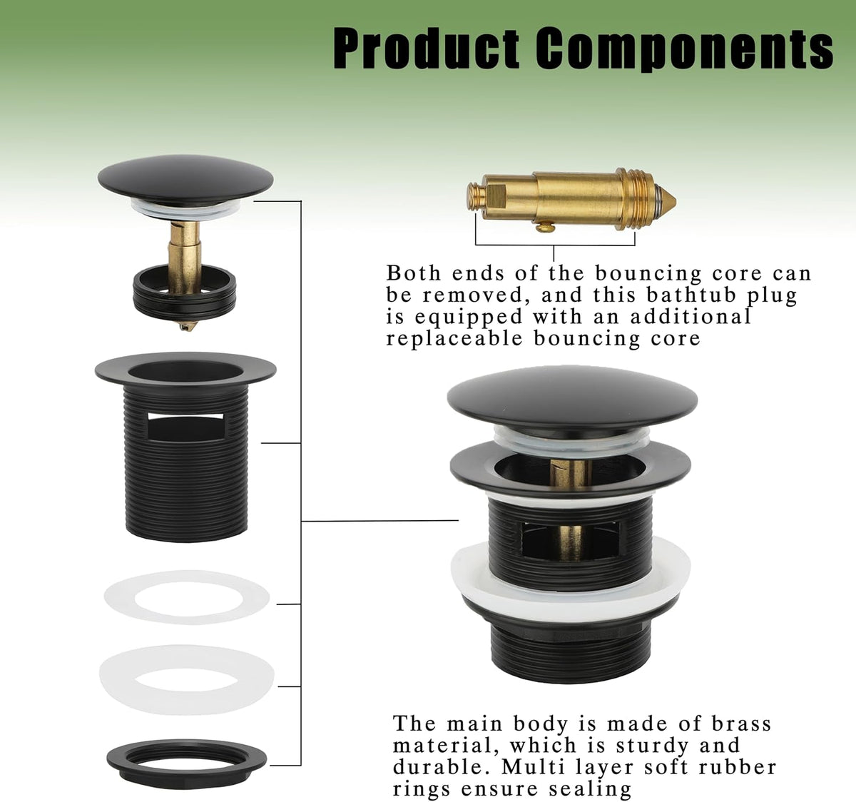 Freestanding Tub Drain (Brass), Pop Up Bathtub Drain Kit, Removable Filter Basket Drain Plug, Freestanding Tub Drain Kit, with Replaceable Pop-Up Bolt (Black)