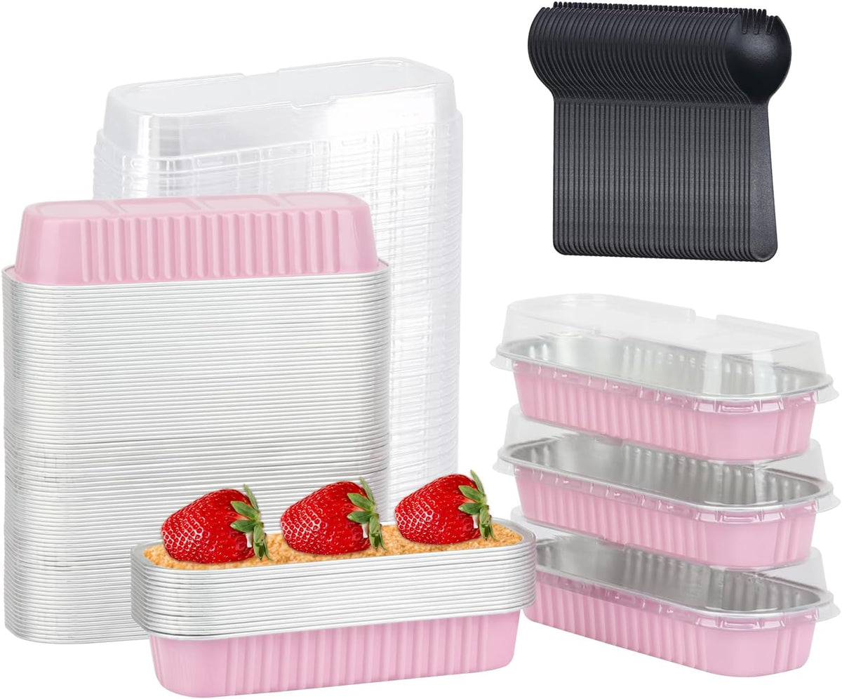LNYZQUS 6.8oz Mini Loaf Pans with Lids 100 Pack, Rectangle Aluminum Pans Mini Cake Tins,Disposable Baking Pan Small Cake Containers for Brownie Bread Cheesecake-Pink