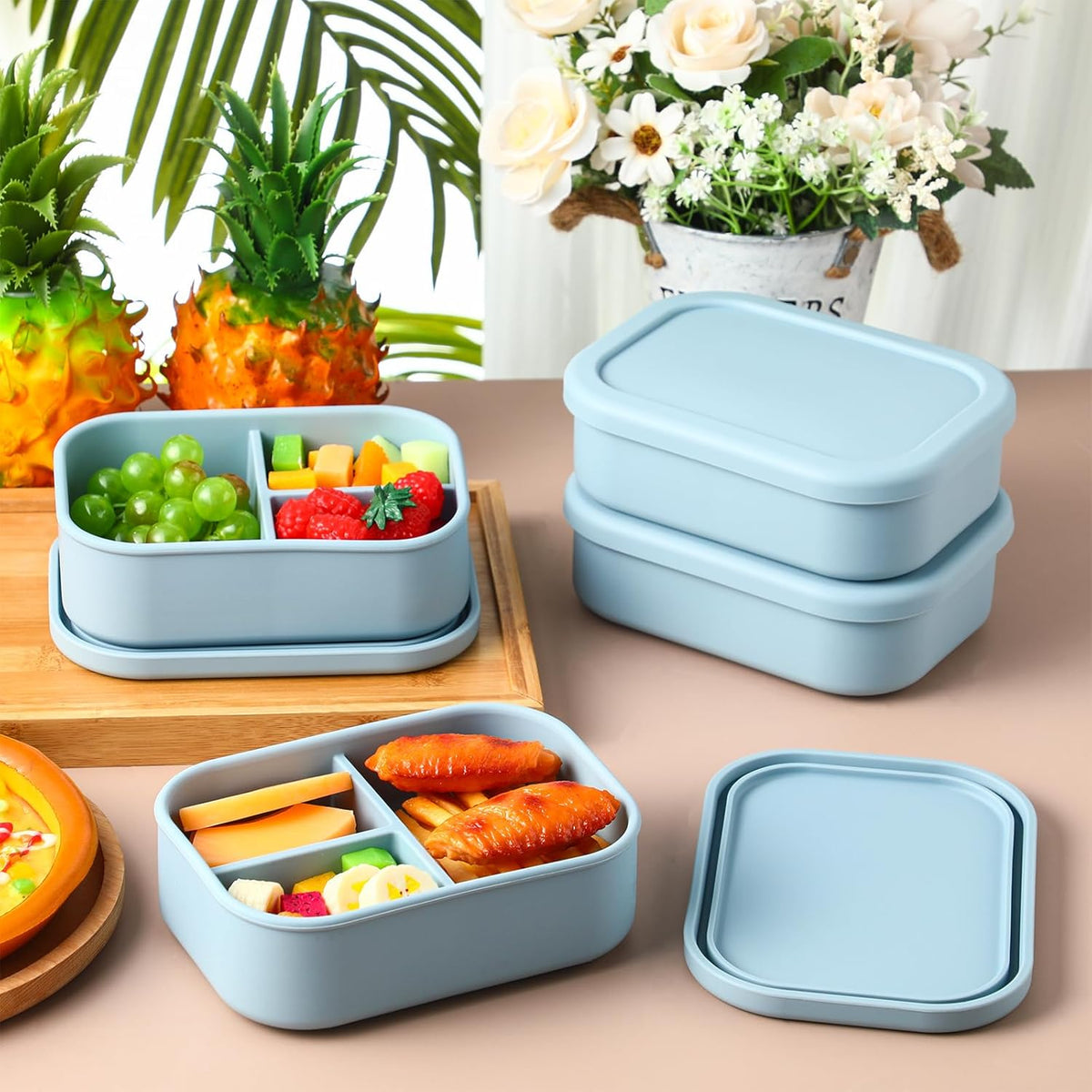 Honeydak 4 Pcs Silicone Bento Lunch Box 3 Compartment Reusable Leakproof Silicone Bento Lunch Container for Adults Microwave Dishwasher Freezer Safe(Blue)
