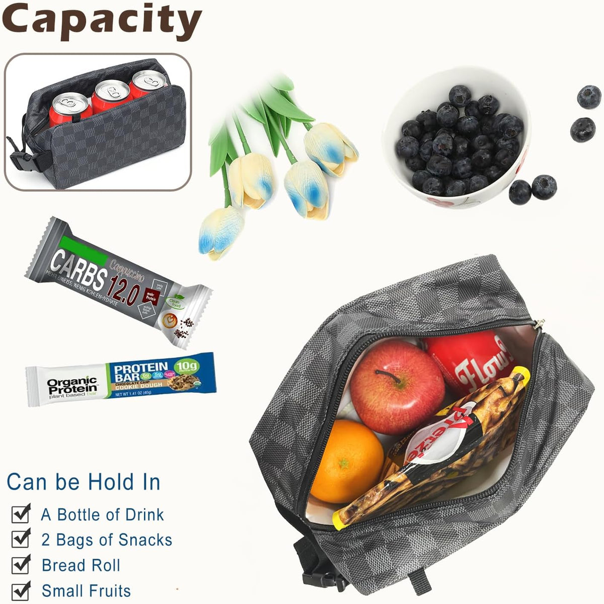 FlowFly Small Insulated Lunch box Portable Soft Bag Mini Cooler Thermal Meal Tote Kit with Buckle for Work, PlaidWithBuckle