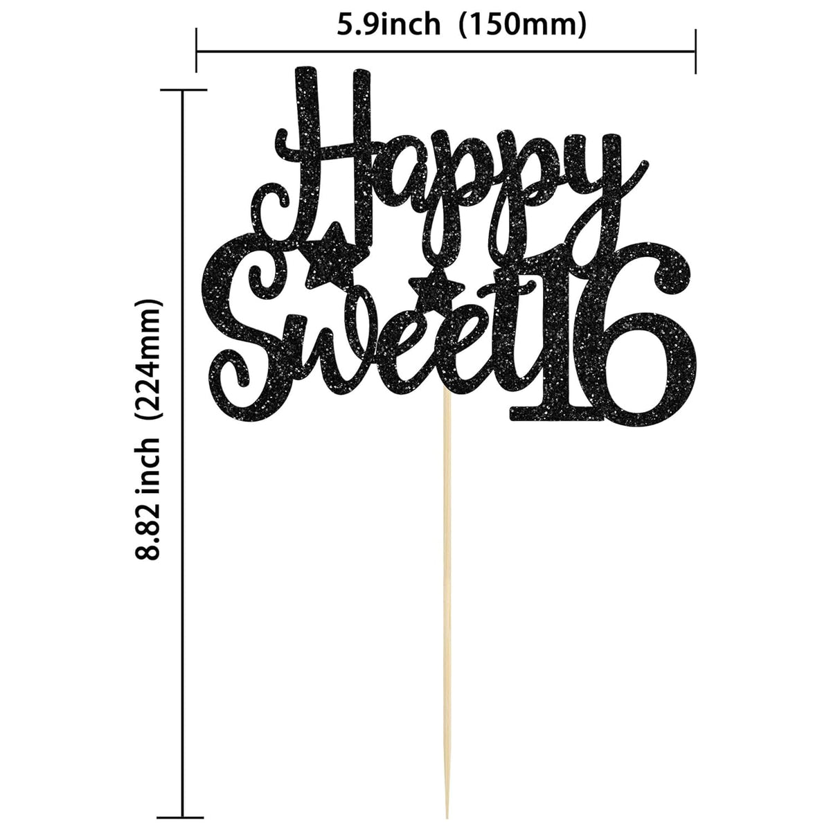 Gyufise 1Pc Happy Sweet 16 Cake Topper Glitter 16th Birthday Cake Pick for Cheers to 16 Years Old 16th Birthday Party Cake Decorations Supplies Black