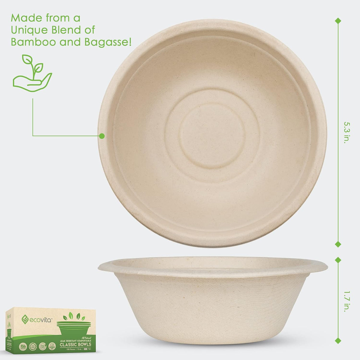 100% Compostable Paper Bowls [12 oz.] – 150 Disposable Bowls Eco Friendly Sturdy Tree Free Liquid and Heat Resistant Alternative to Plastic or Paper Bowls