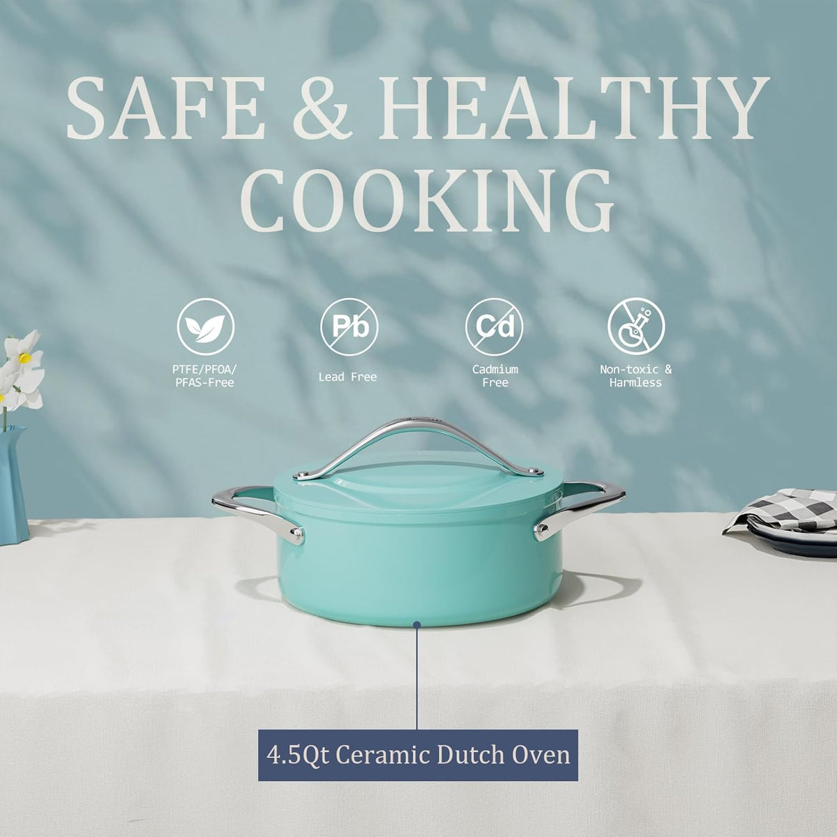 Stock Pot 4.5qt Dutch Oven with Lid (9.5") Nonstick Ceramic Coated Non-Toxic PFAS-Free Even Heat Distribution for Braising, Baking Bread & Soups, Compatible for All Cooktops(Induction/Gas/Electric) Oven Safe to 500°F (Caribbean Blue)