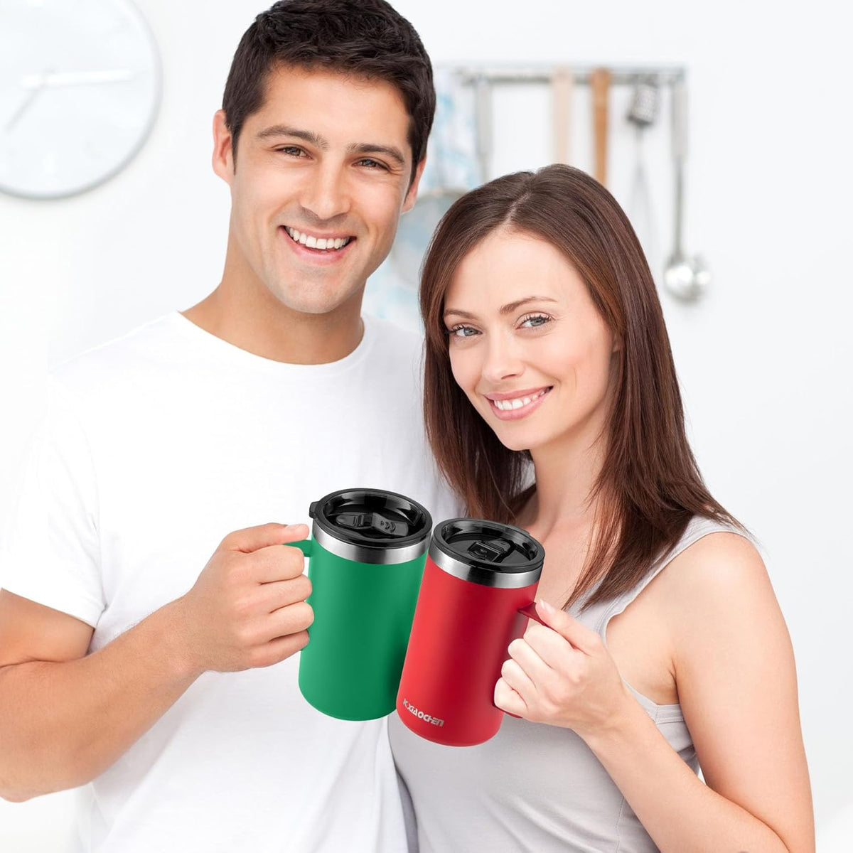 KXIAOCHEN 20oz Insulated Coffee Mug with Lid, Stainless Steel Coffee Cup, Double Wall Vacuum Coffee Tumbler with Handle, Premium Thermal Travel Coffee Mug (Red Emerald 2Pack)
