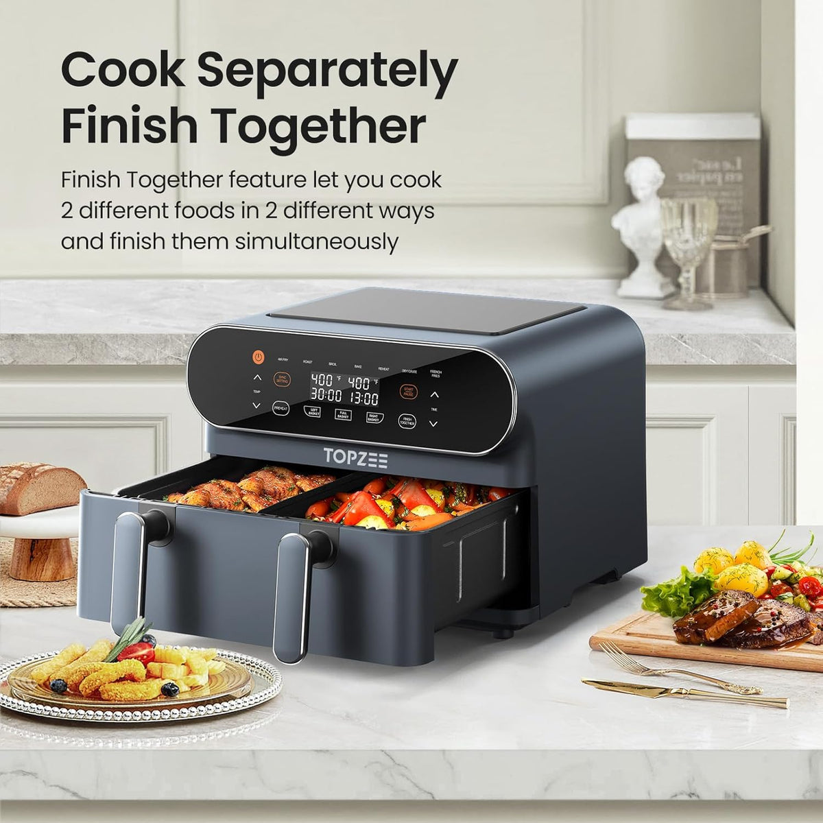 11-QT Large Air Fryer - 8 in 1 XL Airfryer with Flex Basket, Divider for Dual Cooking, Preheat, Air Fry, Roast, Broil, Bake, Reheat, Dehydrate, French Fries Dishwasher Safe, Gray