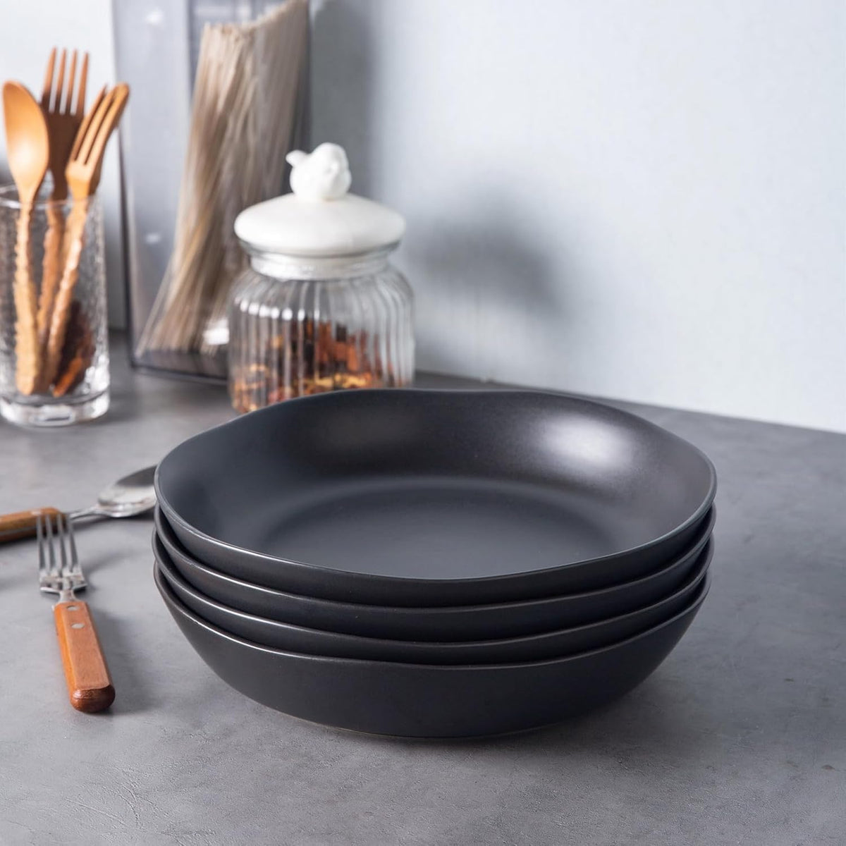 AmorArc 9.75'' Ceramic Large Pasta Bowls, 38oz Stoneware Flat Serving Bowls Set of 4, Oven,Microwave&Dishwasher Safe Bowls with Wavy Rim for Fruit Pasta Salad Meal, Matte Black