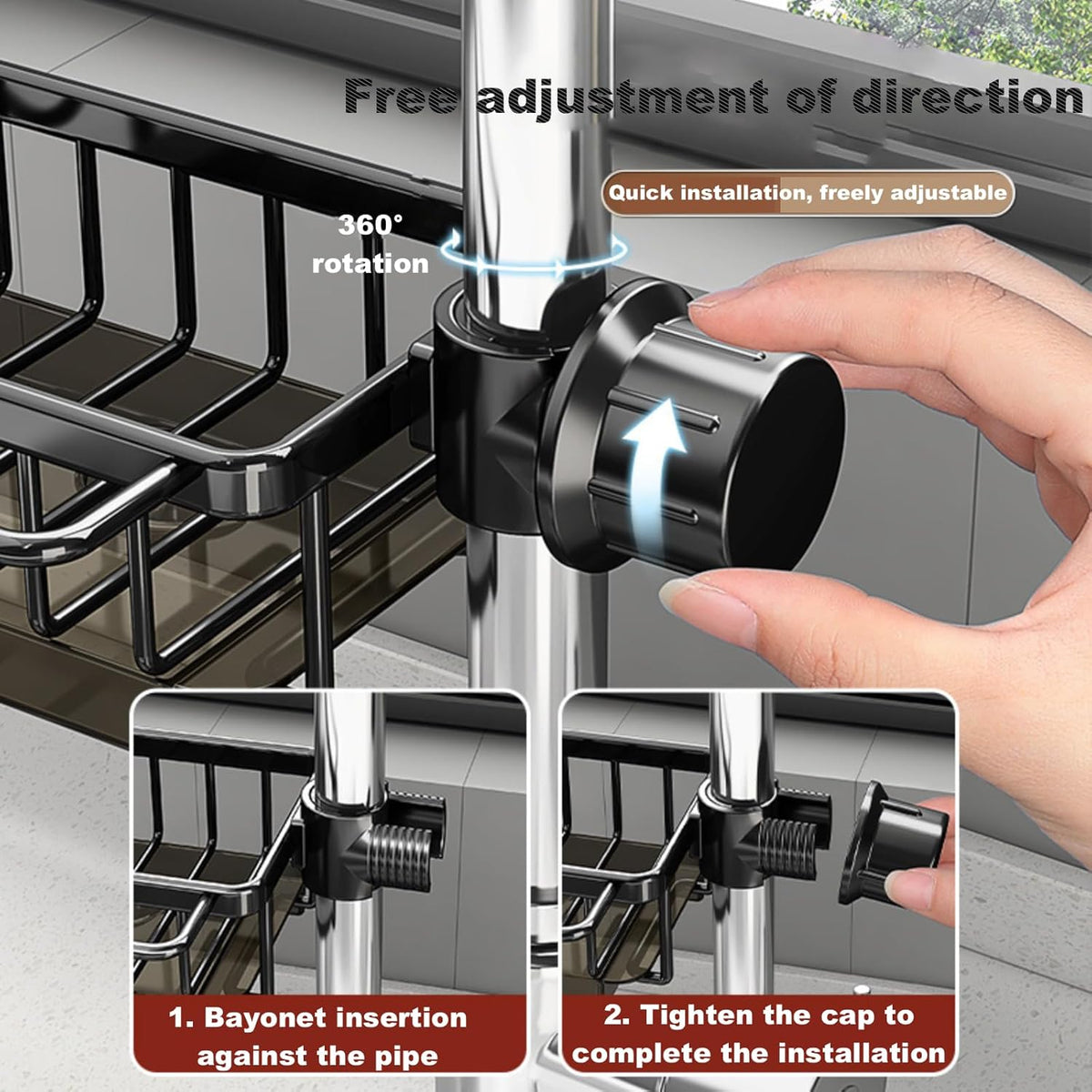 Sink Organizer Rack for Kitchen and Bathroom, 2024 New Stainless Steel Detachable Hanging Faucet Drain Rack with Drip Tray Faucet Sponge Holder for Bathroom, Scrubbers, Soap (Black, Left)