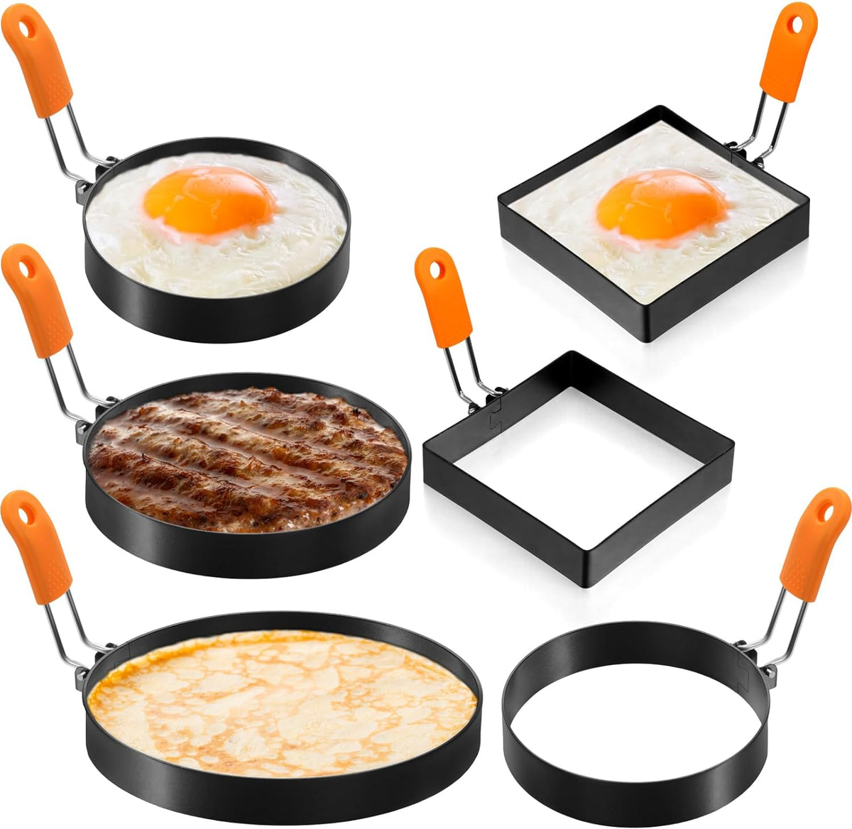 Patelai 6 Pcs Egg Ring Pancake Ring Set Stainless Steel Fried Egg Molds Griddle Pancake Shapers with Silicone Handle for Breakfast Omelette Sandwich(Square, Round,4 Inch, 6 Inch, 8 Inch)