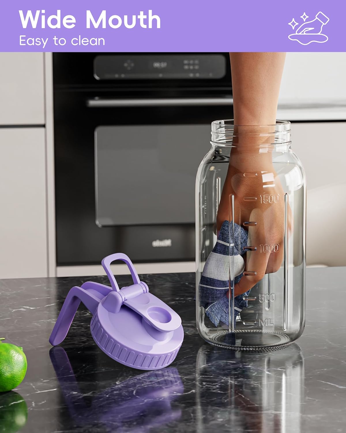 64oz Glass Mason Jar Pitcher with Lid Wide Mouth, 2 Quart Leakproof Glass Water Jug for Juice, Sun Iced Tea, Cold Brew Coffee, Milk Storage, Purple
