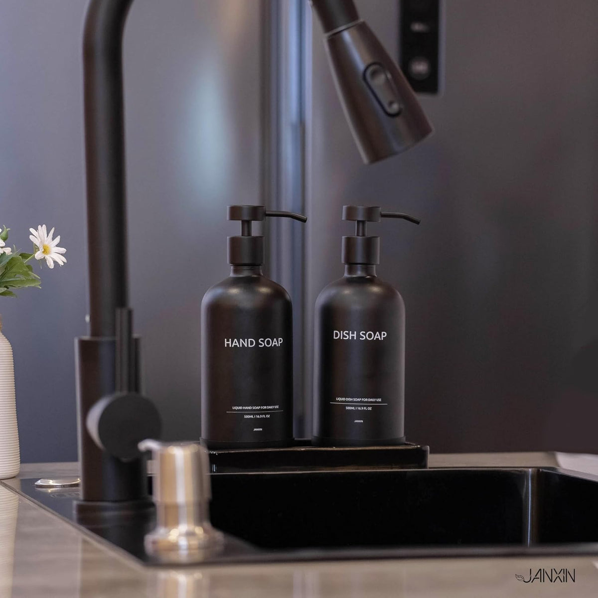 Glass Kitchen Soap Dispenser Set with Ceramic Tray,16.9 floz Hand and Dish Soap Dispenser for Kitchen and Bathroom Decor,Kitchen Accessories(Black Bottles +Black Pumps)