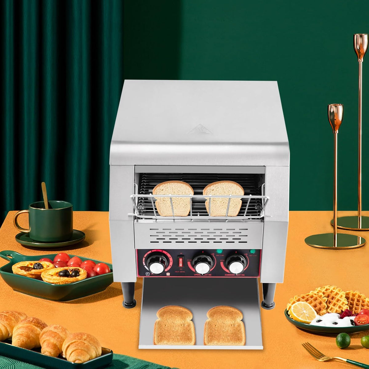 Commercial Conveyor Toaster 300 Slices/Hour Stainless Steel Conveyor Toaster 2200W Electric Toasters Oven Heavy Duty Countertop Restaurant Toaster for Cafes Bun Bagel Bread