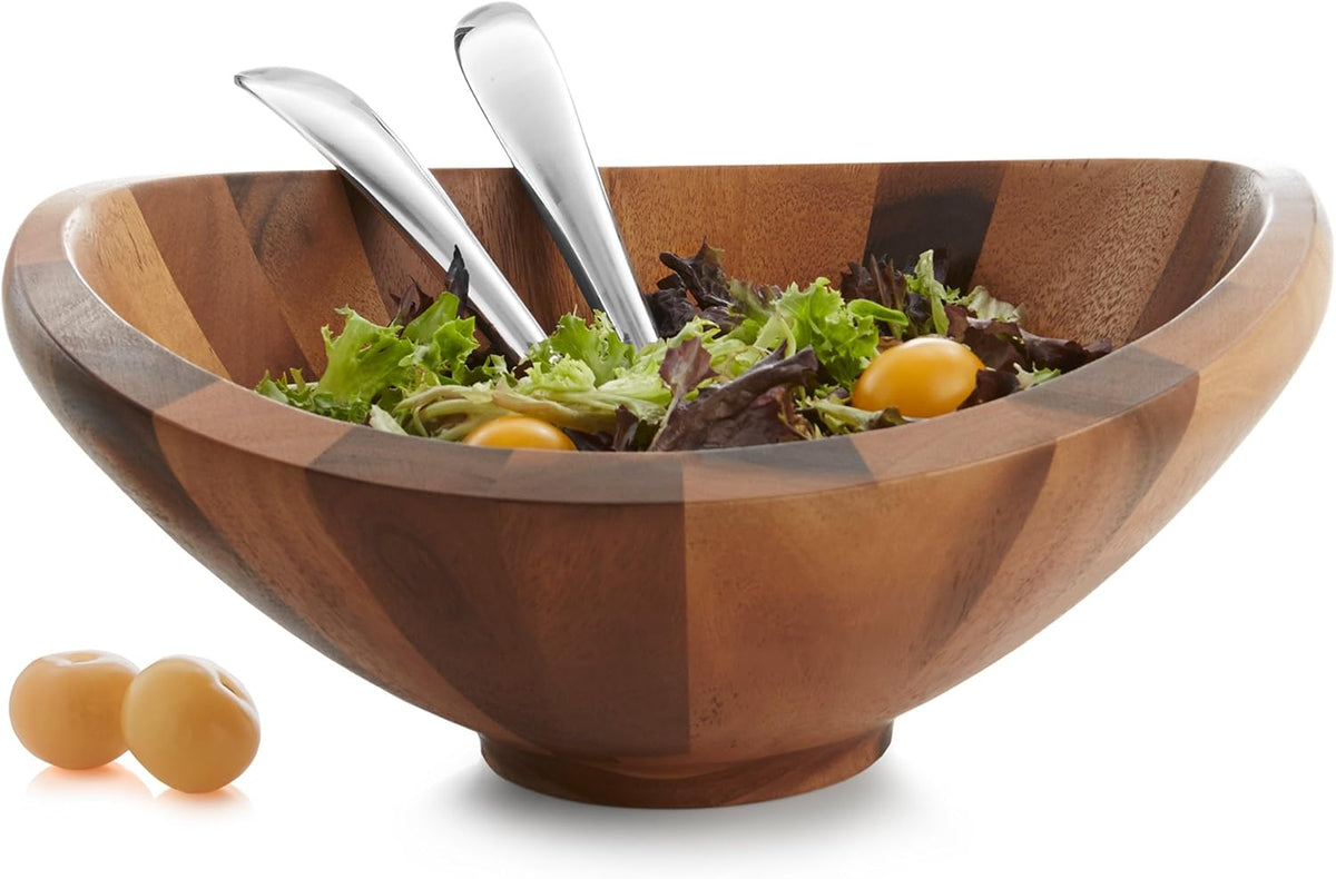 Nambe Butterfly Acacia Wood Salad Bowl with 2 Salad Servers | Made of Acacia wood Alloy | Large Deep Wooden Bowls | Acacia Wood Salad Bowl Set | Designed by Sean O’hara (16-in)