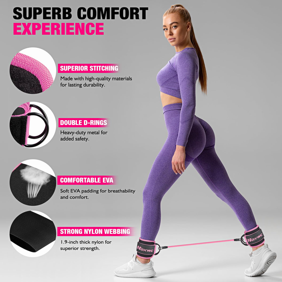 HOXWC Ankle Resistance Bands with Cuffs, Ankle Bands for Working Out, Ankle Resistance Band for Leg, Booty Workout Equipment for Kickbacks Hip Fitness Training, Exercise Bands for Butt Lift Women