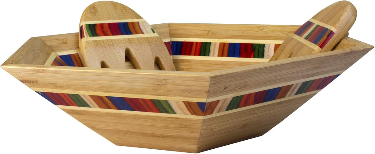 Totally Bamboo Baltique Marrakesh Collection 14" Salad Serving Bowl with Salad Hands, Bamboo and Colored Birch Wood