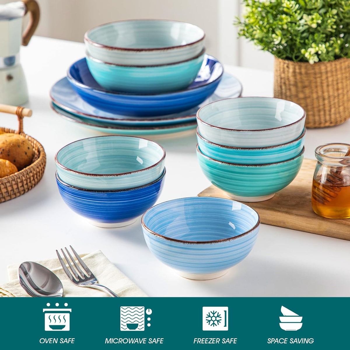 vancasso Bonita 12 Oz Small Bowls Set of 6, Ceramic Mini Dessert & Dipping Dishes, 5" Kids Bowls for Dip and Snacks, Dishwasher & Microwave Safe, Blue