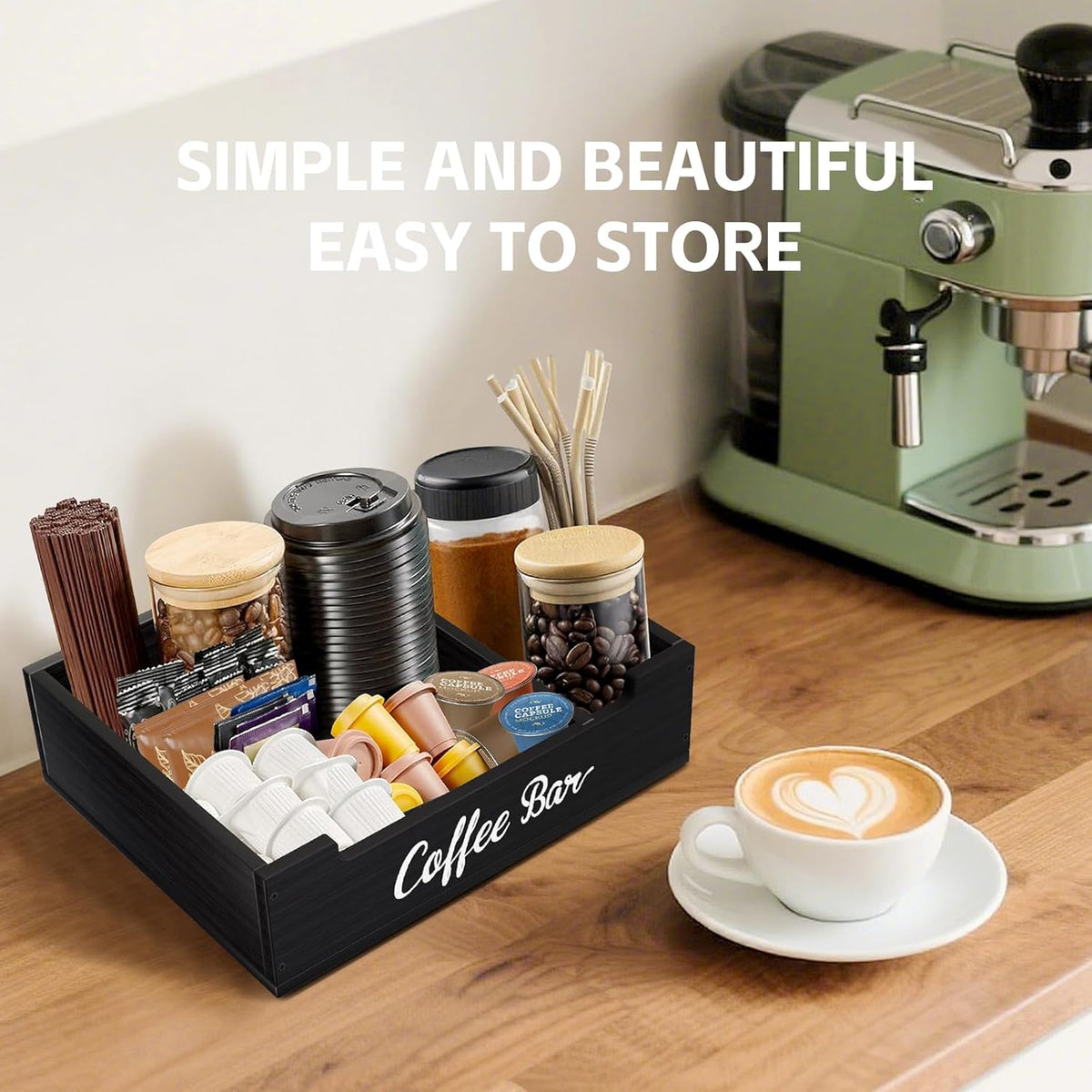 Coffee Pod Bar Station Wooden 14" X 10" X 4" Organizer Box for Countertop, Counter Top Tea Espresso Cup Wood Storage Box, Onyx