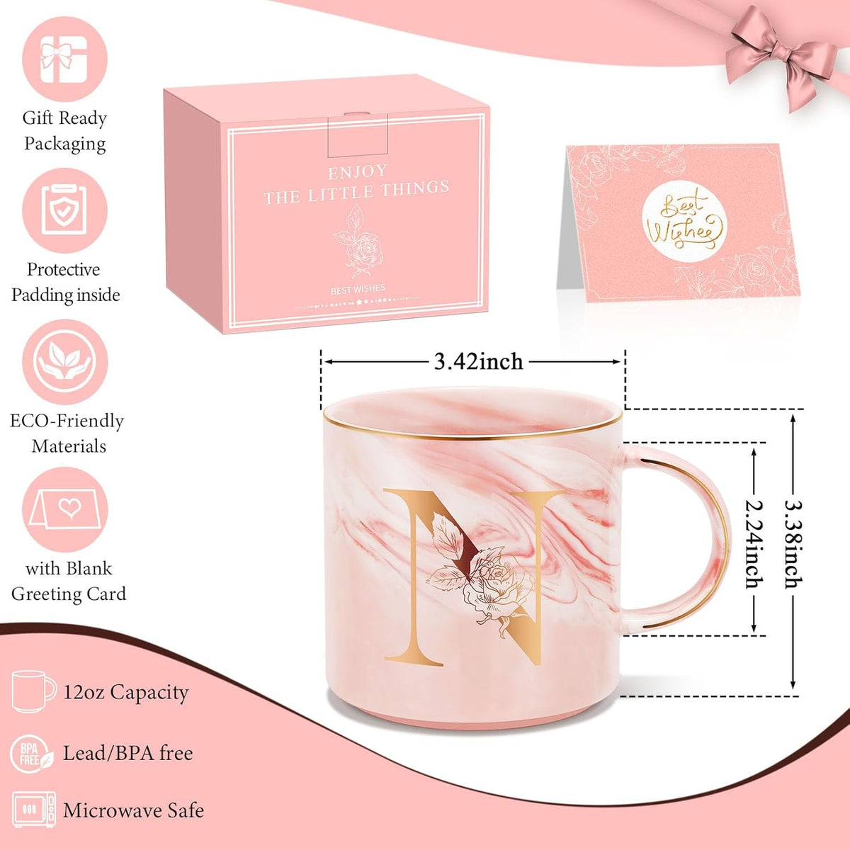 Personalized Gifts for Women Coffee Mug, Initial Customized Gift Monogrammed A-Z Coffee Mug 12 OZ, Christmas Anniversary Birthday Gifts for Women Mom Grandma Friend Sister Wife(N)