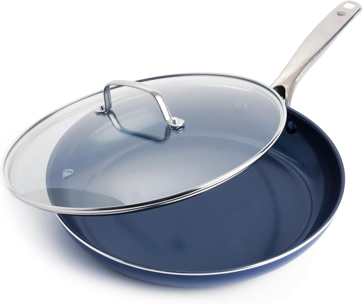 Blue Diamond 12" Nonstick Frying Pan with Lid, Diamond Infused PFAS & PTFE-Free Ceramic Skillet, Dishwasher & Oven Safe, Stay Cool Handle, Durable Non Toxic Metal Utensil Safe, Glass Lid, Blue
