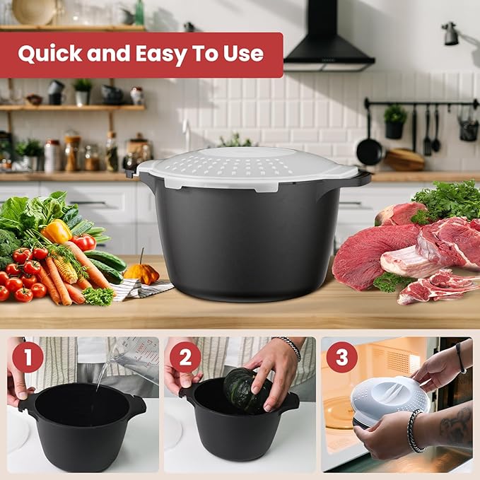 Large Microwave Cookware Steamer 2 Quart - AJXX Micro Cookware Vegetable Steamer for Cooking, Microwave Cooker with Food Container, Removable Filter and Lockab - BPA Free, Dishwasher Safe