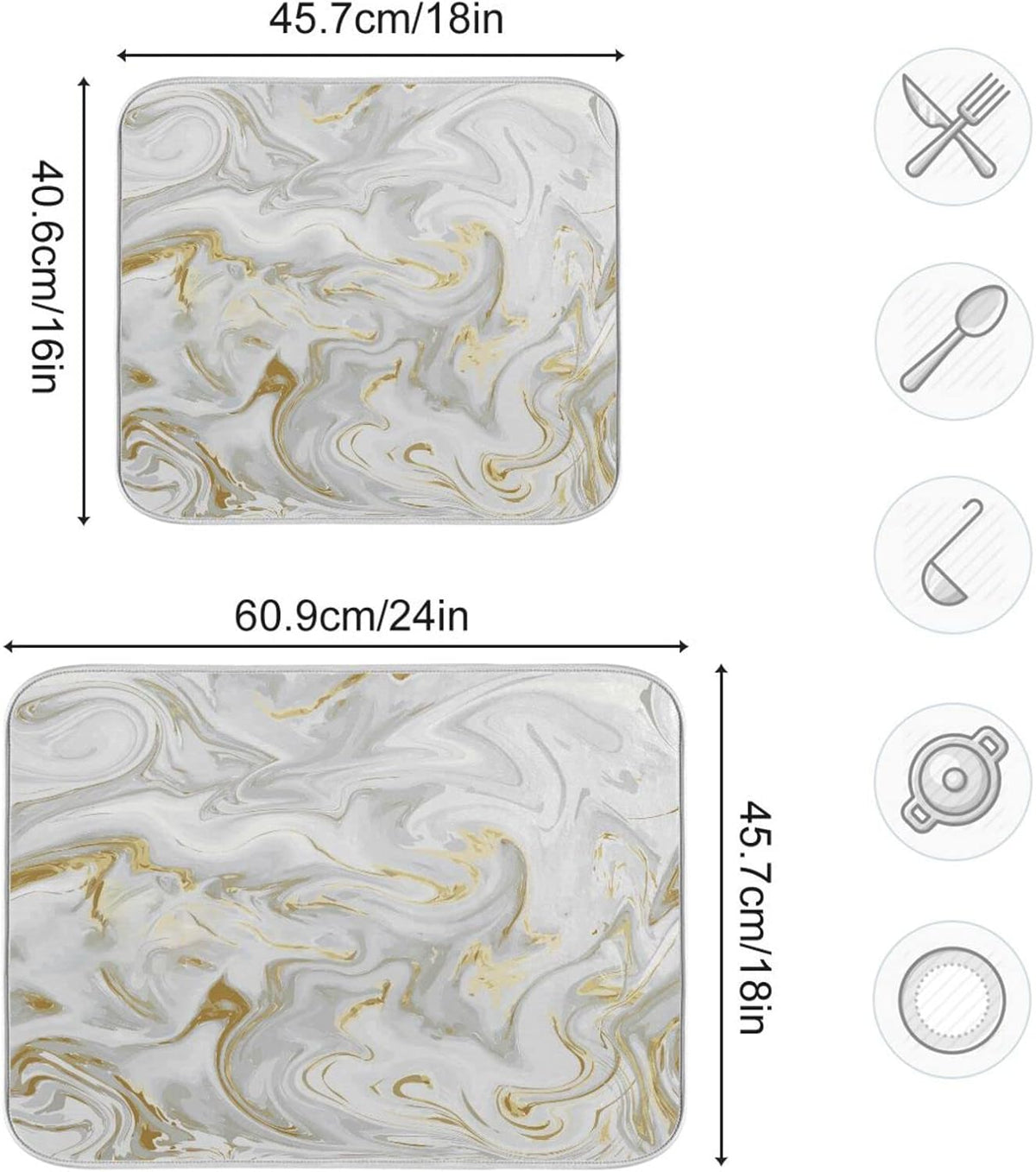 White Grey Gold Marble Fluid Dish Drying Mat for Kitchen Counter Absorbent Microfiber Drying Pad, Medium 16x18 in, Reversible Drainer Mats