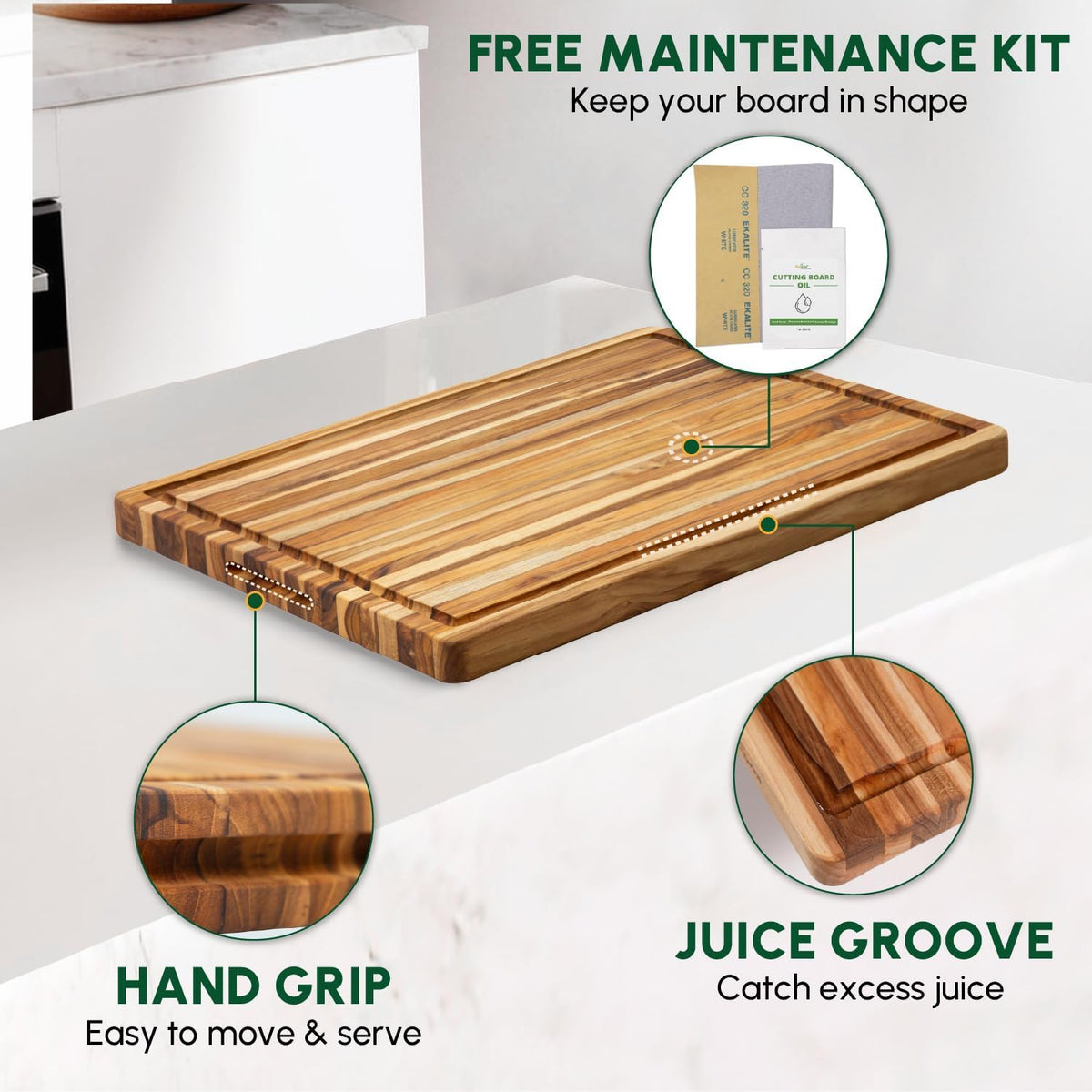 BEEFURNI Teak Wood Cutting Board with Juice Groove Hand Grip (M, 20x15x1.25"), Wooden Cutting Board for Kitchen, Butcher Block, Charcuterie Boards, Christmas Gifts, 1-year Manufacturer Warranty