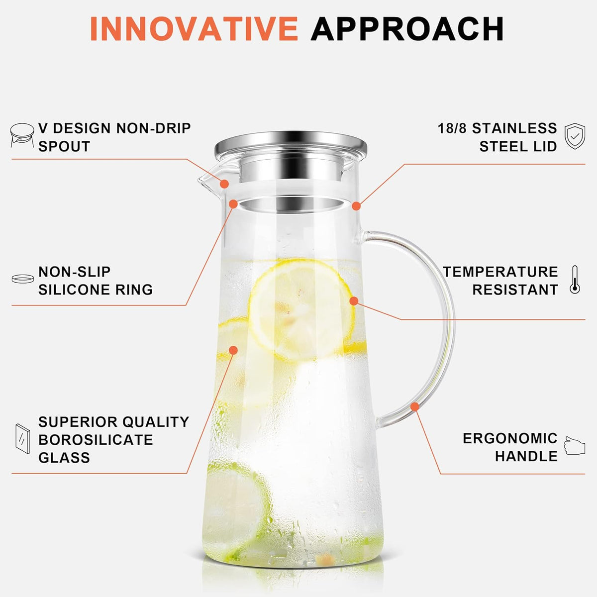 SUSTEAS 1.5 Liter 51oz Glass Pitcher with Lid, Easy Clean Heat Resistant Glass Water Carafe with Handle for Hot/Cold Beverages - Water, Cold Brew, Iced Tea & Juice, With 1 Long-Handled Brush Included