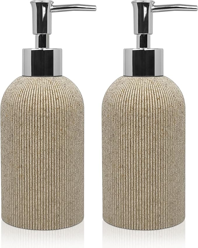 Hand Soap Dispenser for Bathroom and Kitchen Countertop, 10 oz Resin Soap and Lotion Dispensers Set with Plastic Rust Proof Pump, Boho Refillable Liquid Dish Soap Dispensers Bottle,Beige