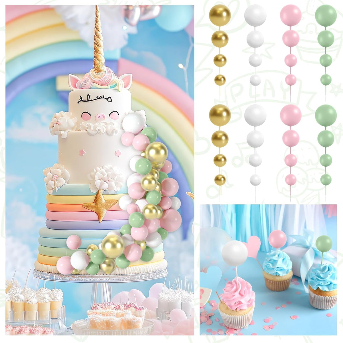 48 Pcs Balls Cake Topper Decorations Balloon Cupcake Toppers Foam Cake Topper Balls Cake Balls Decorations for Birthday Party Wedding Cake Decorating(Green,Pink,White,Gold)