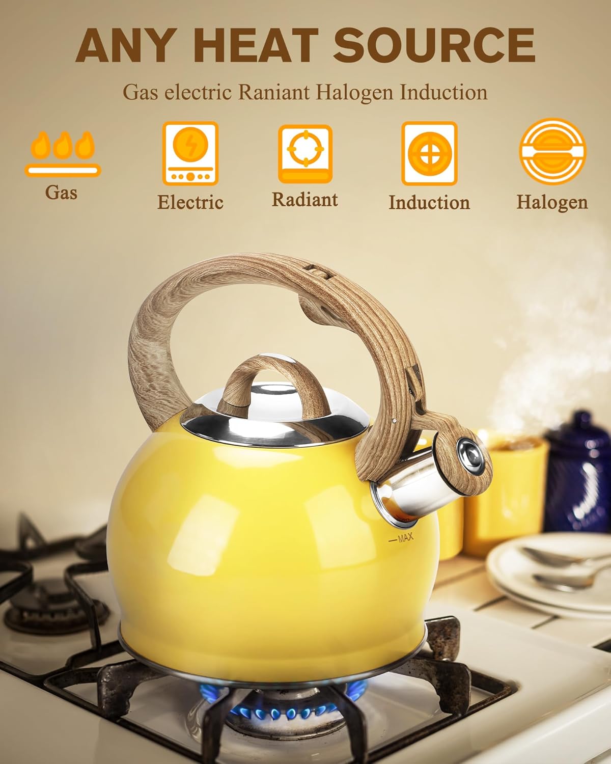 Stovetop Tea Kettle, 2.1 Quart Stove Top Whistling Tea Kettles,Water Teapot Induction Tea Kettle with Food Grade Stainless Steel and Silicone Anti-Hot Handle, Suitable for All Heat Sources