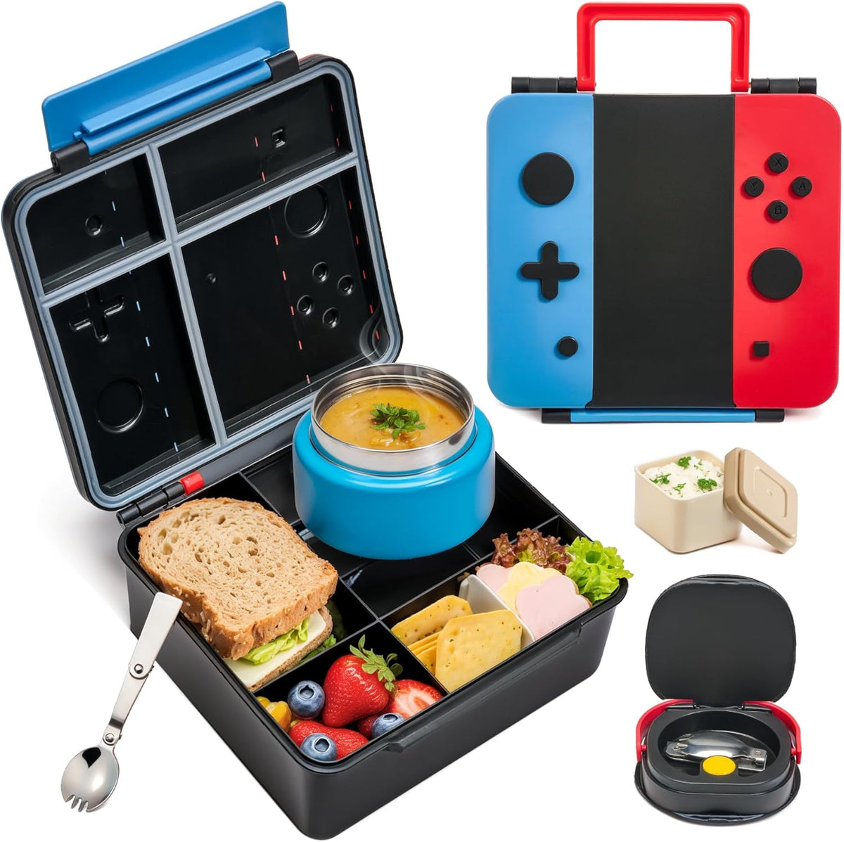 Game Bento Box for Kids, Lunch Box with Thermo(9oz Food Jar), Folding Spoon, Removable Divider & Sauce Cup, Lunch Box Kids for School,Travel, BPA-Free & Realistic Shape(Blue-Red)