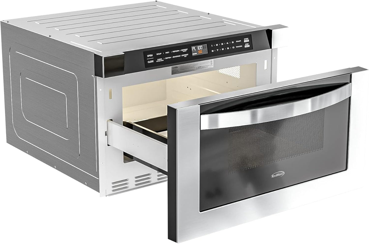 KoolMore KM-MD-1SS 24 Inch Stainless-Steel Microwave Drawer Capacity, 1000W Power with 10 Custom Cooking Levels, Memory, and Timer Functions, Wall-Mounted with Flat Bottom, 24 in/1.2 Cu. Ft