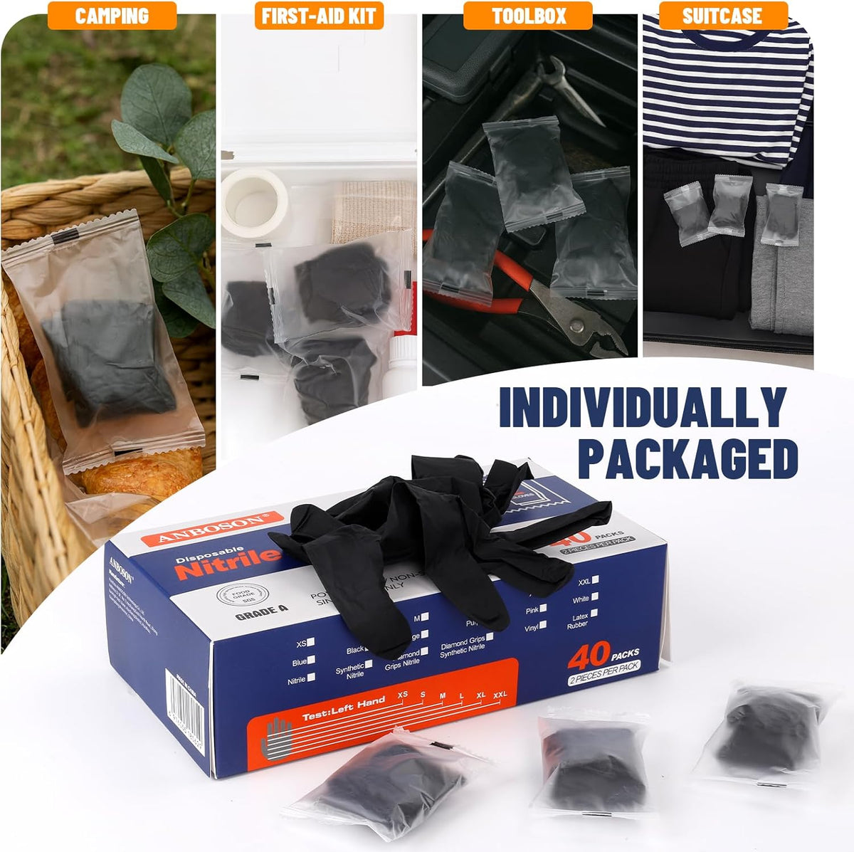 Individually Wrapped Nitrile Gloves 5mil, 40 Pairs (80 Count), Disposable Gloves, Latex Free, Powder Free, Easy to Carry for Travel, Work, Food Handling, Cleaning, Automotive, Daily Protection Small