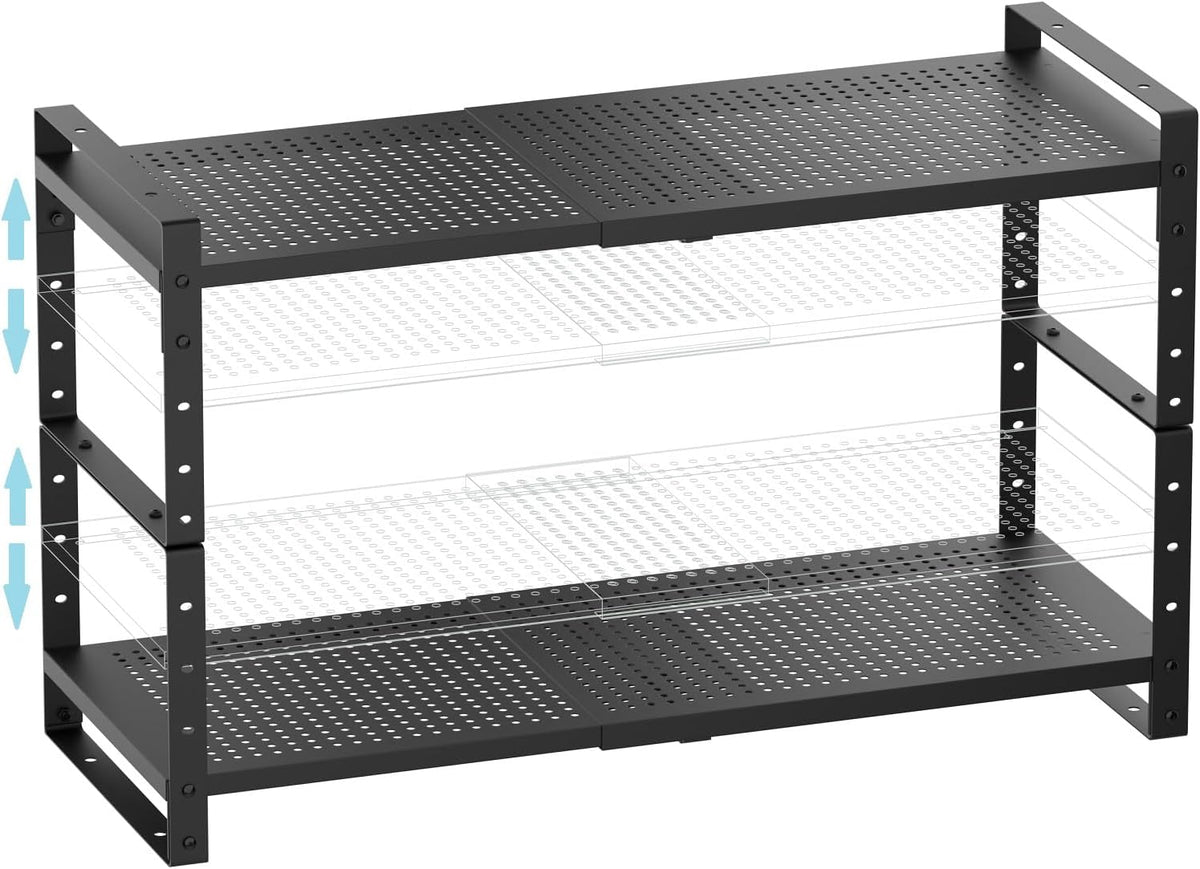 Expandable Shoe Rack Stackable Metal Pantry Storage Shelves Stand Adjustable Height Cabinet Shelf Organizer Racks Spice Shelving(2PACKS/BLACK,LARGE)