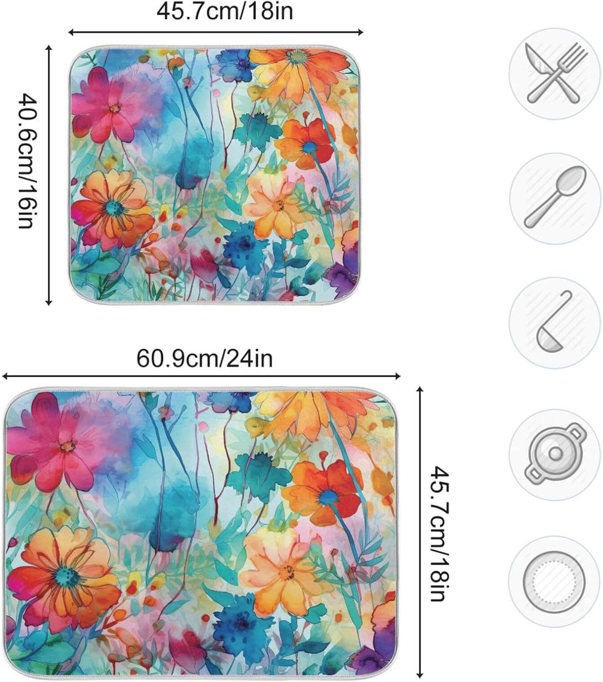 Colorful Beautiful Flowers Dish Drying Mat for Kitchen Counter Absorbent Microfiber Drying Pad, Medium 16x18 in, Reversible Drainer Mats