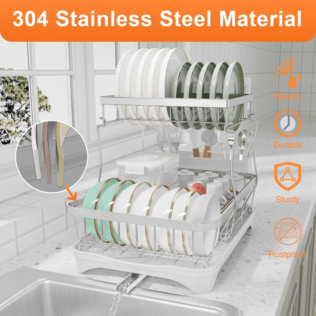 Dish Drying Rack - 304 Stainless Steel Dish Rack for Kitchen Counter, Adjustable Spout Auto-Draining Dish Rack, 2-Tier Kitchen Organizers and Storage Rack with Drainboard and Cutlery Holder White