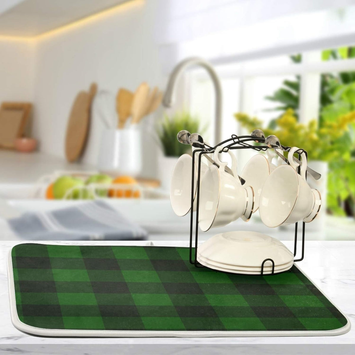 Super Absorbent Dish Drying Mat, Microfiber Fast-Drying Dish Mat, 24" x 18", Kitchen Dish Drying Pad Vintage Hunter Green Plaid