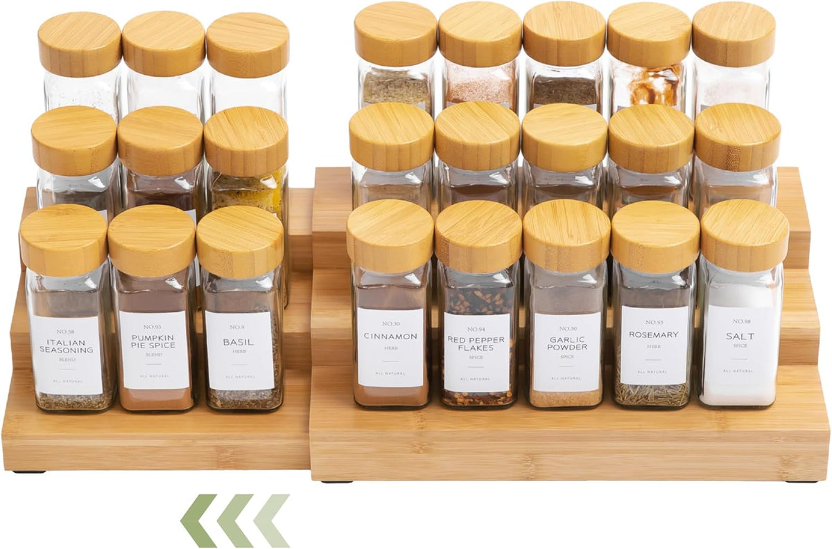 KitchenEdge Expandable Spice Rack Organizer for Cabinet, 3-Tier Shelf for Spice Organization (11” to 22”), Fits 36 Spice Jars, Seasoning and Pantry Storage, Non-Slip Feet, 100% Bamboo Wood