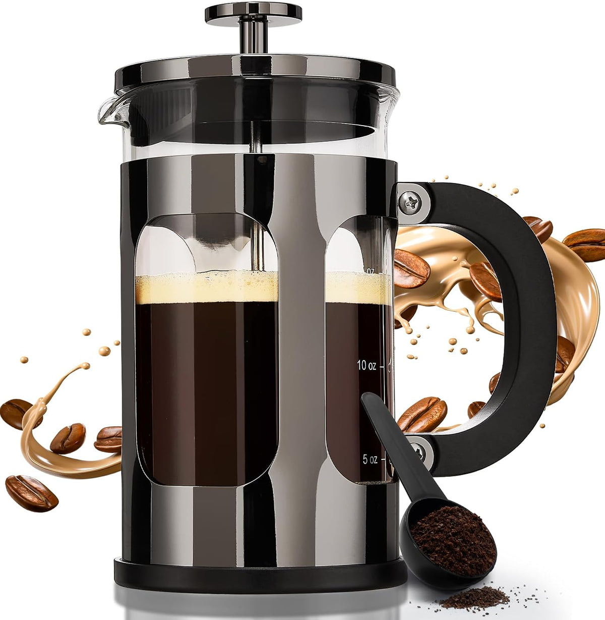 BAYKA 21 Ounce 0.6 Liter French Press Coffee Tea Maker Small, Heat Resistant Thickened Borosilicate Glass Stainless Steel Single Serve Brewer, Cold Brew Cafetera Teapot, Dark Pewter