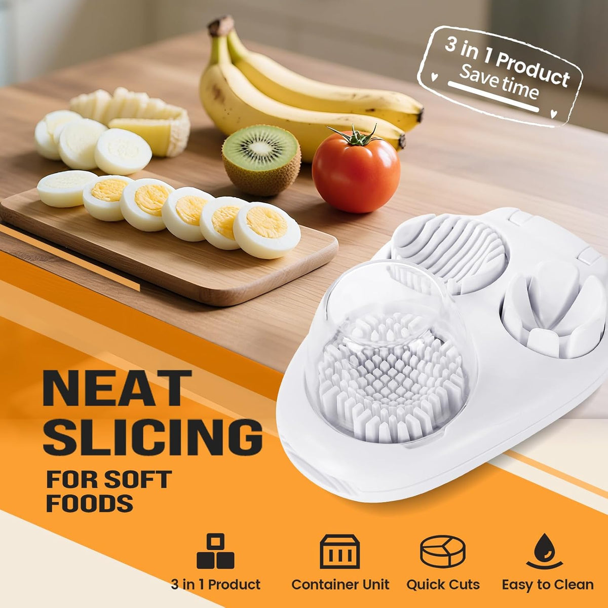 3-In-1egg Slicer For Hard Boiled Eggs,Stainless Heavy Duty Steel Egg Slicer Kitchen Gadget, Fit Strawberry,Apple,Banana,Cherry,Tomato,White