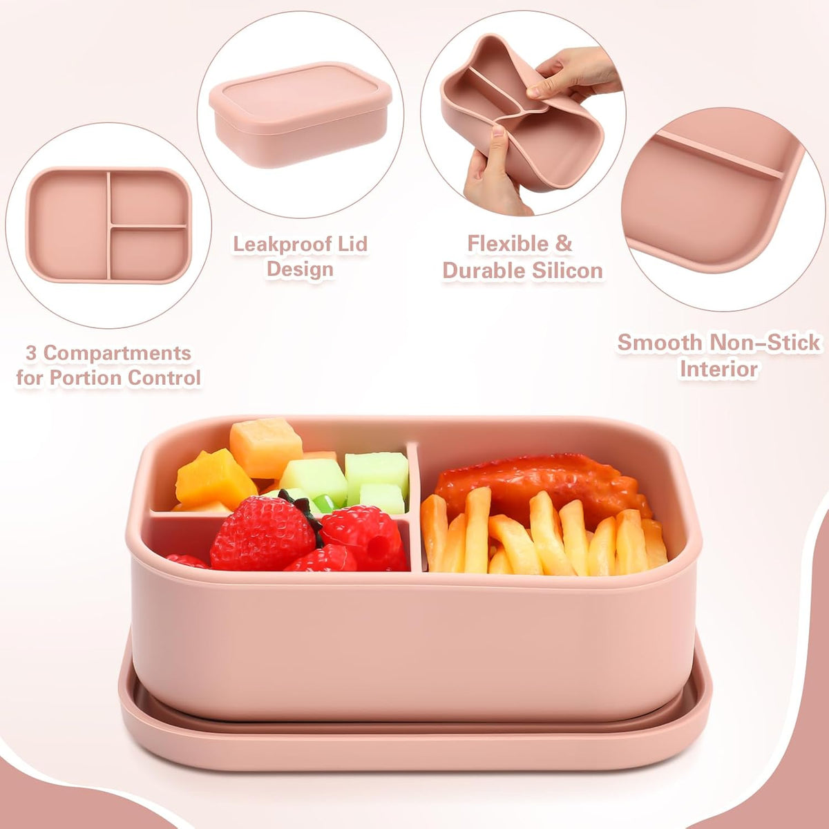 Honeydak 6 Pcs Silicone Bento Box 3 Compartment Reusable Lunch Container Smooth and Leakproof Meal Prep Lunch Box with Lid Stackable Meal Prep Container for Work Travel, 6 Colors(Bright Colors)