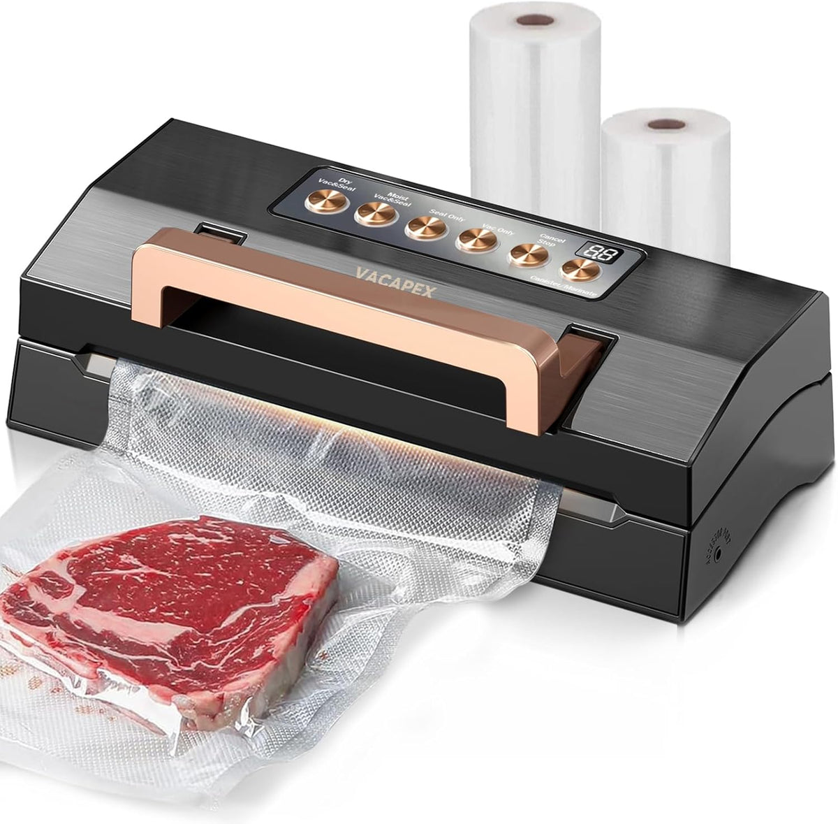 2025 Black Stainless Steel Food Vacuum Sealer, VACAPEX Deluxe Vacuum Sealer Machine with 11" Double Heat Seal and Automatic One-Touch System, Bags Storage & Cutter, Easy-Lock Handle with 2 Bag Rolls