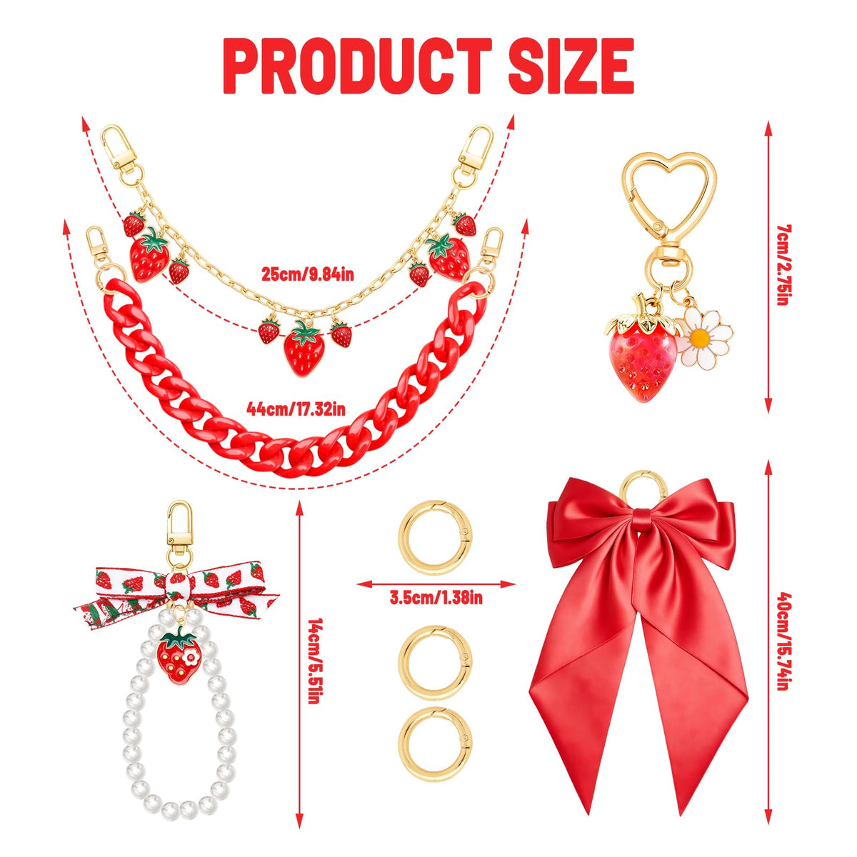 Zkptops 5PCS Tote Bag Decoration Kit Pearl Purse Chain Cute Bow Bag Charms Strap Extender Chain Keychain Charm Accessories for Women Compatible with YETI Camino Bogg Beach Handbag Wallet(Strawberry)