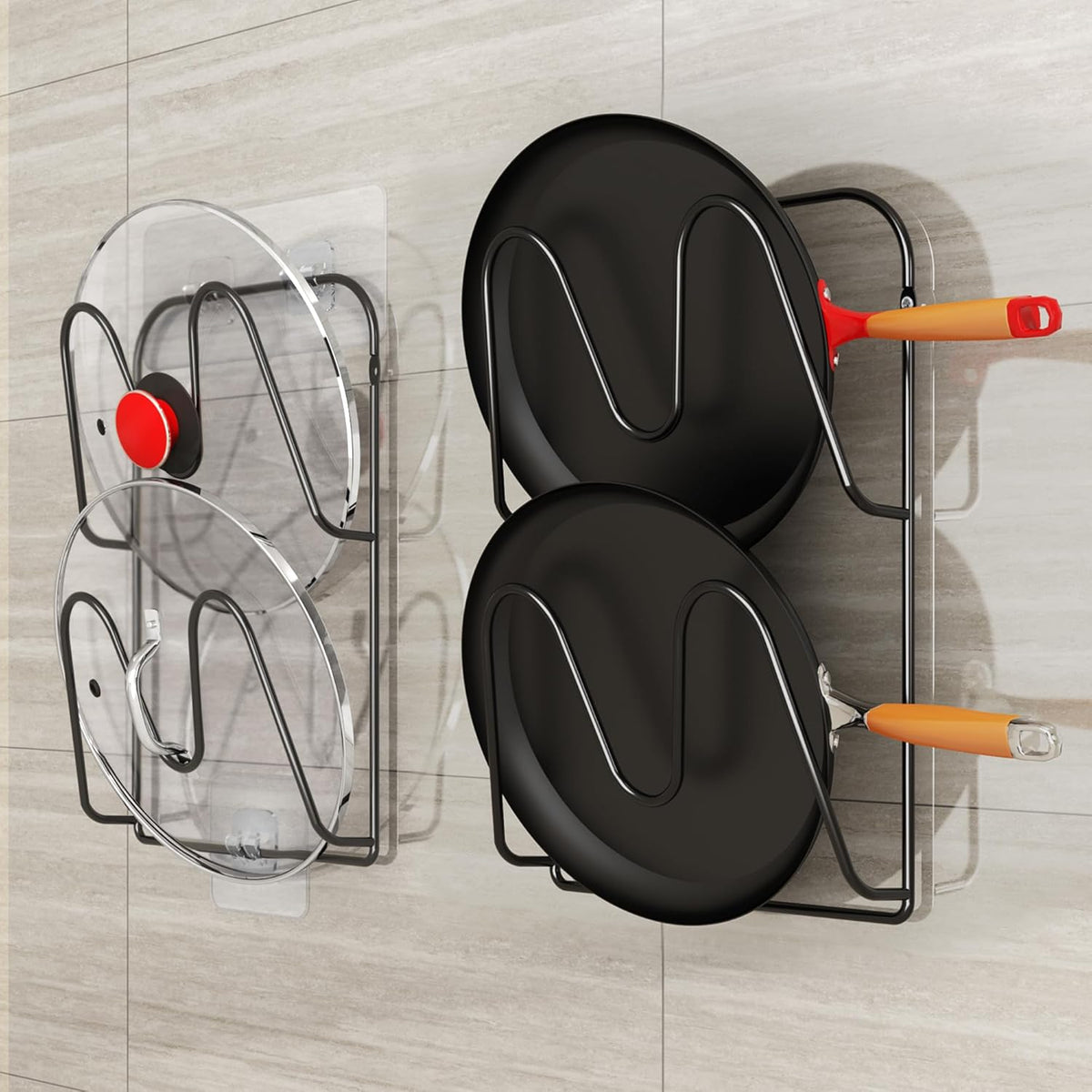 2 Pack Pot-Lid-Organizer, 4-Tier Pots and Pans Lid Organizer Under Cabinet, No Drilling, Rustproof, Lid-Organizers-Inside-Cabinet for Small-Space-Solution & Kitchen Cabinet Organization